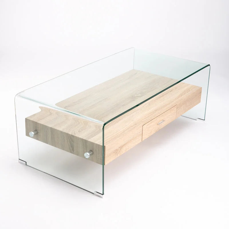Hooch Glass Coffee Table With Drawer - Oak