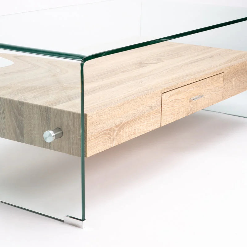 Hooch Glass Coffee Table With Drawer - Oak