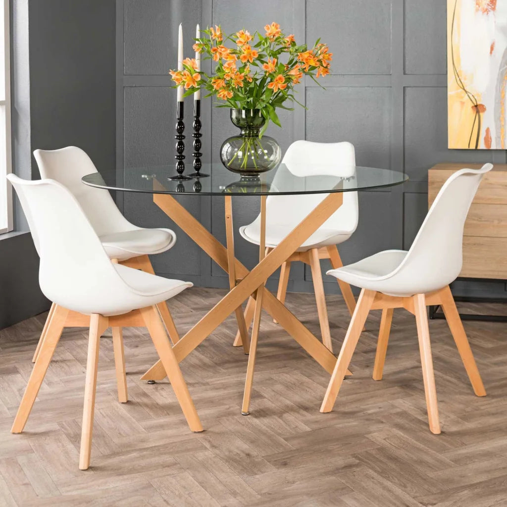 Nova Round 10mm Glass Top Dining Table - Beech - 4 Seater