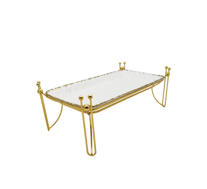 White Serving Platter on Gold Stand