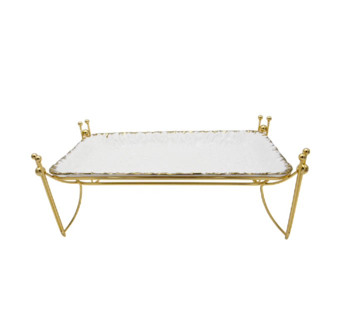 White Serving Platter on Gold Stand