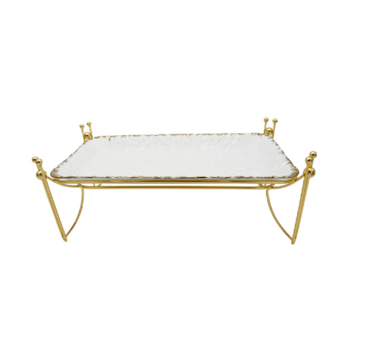 White Serving Platter on Gold Stand