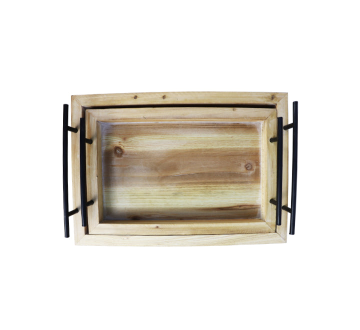 2pc Wooden Serving Tray Black Handles
