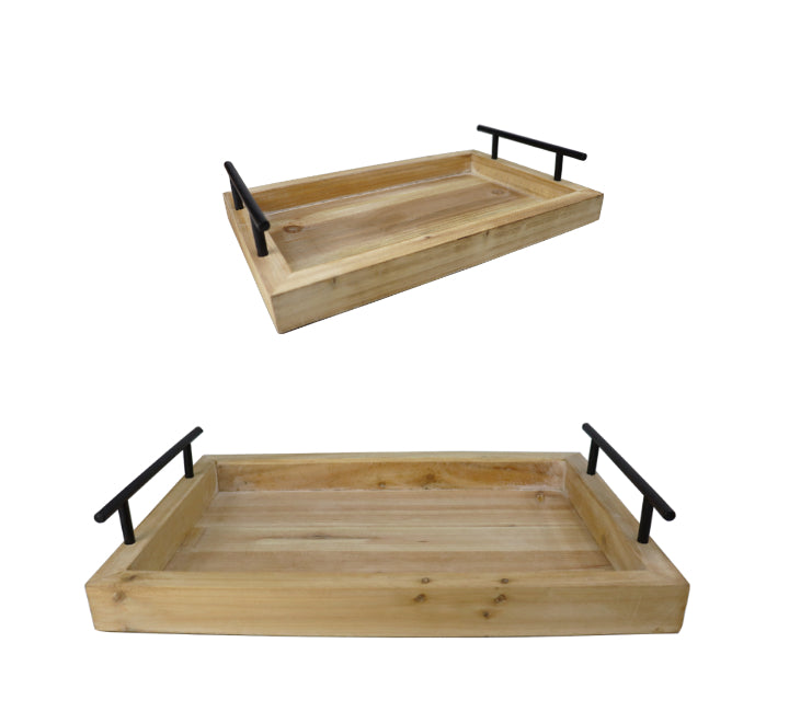 2pc Wooden Serving Tray Black Handles