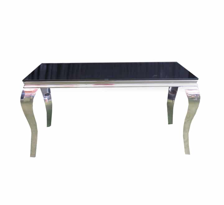 Black glass top dining table with silver frame 1.5m