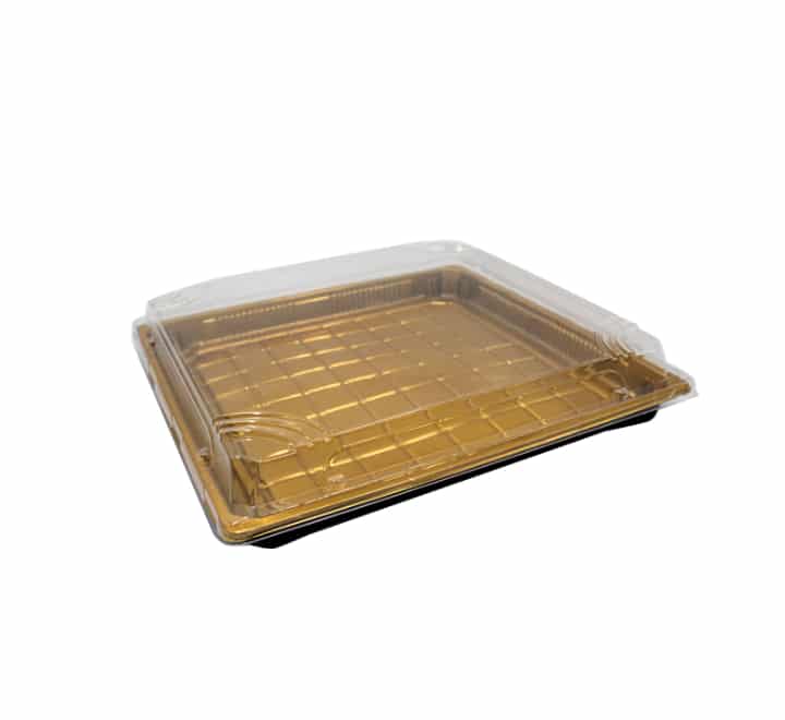 Disposable Serving Tray Gold with Clear Lid