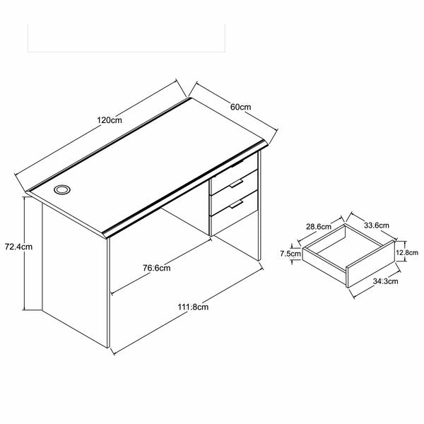 Keir 120cm Deluxe 3 Drawer Desk - White