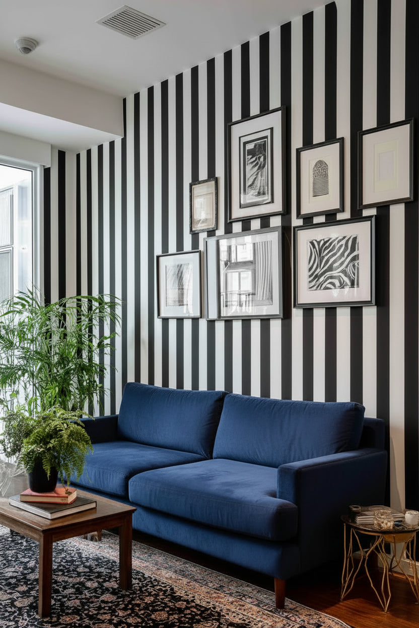 Living room with a black and white striped wall, white sofa, and decorative pillows.