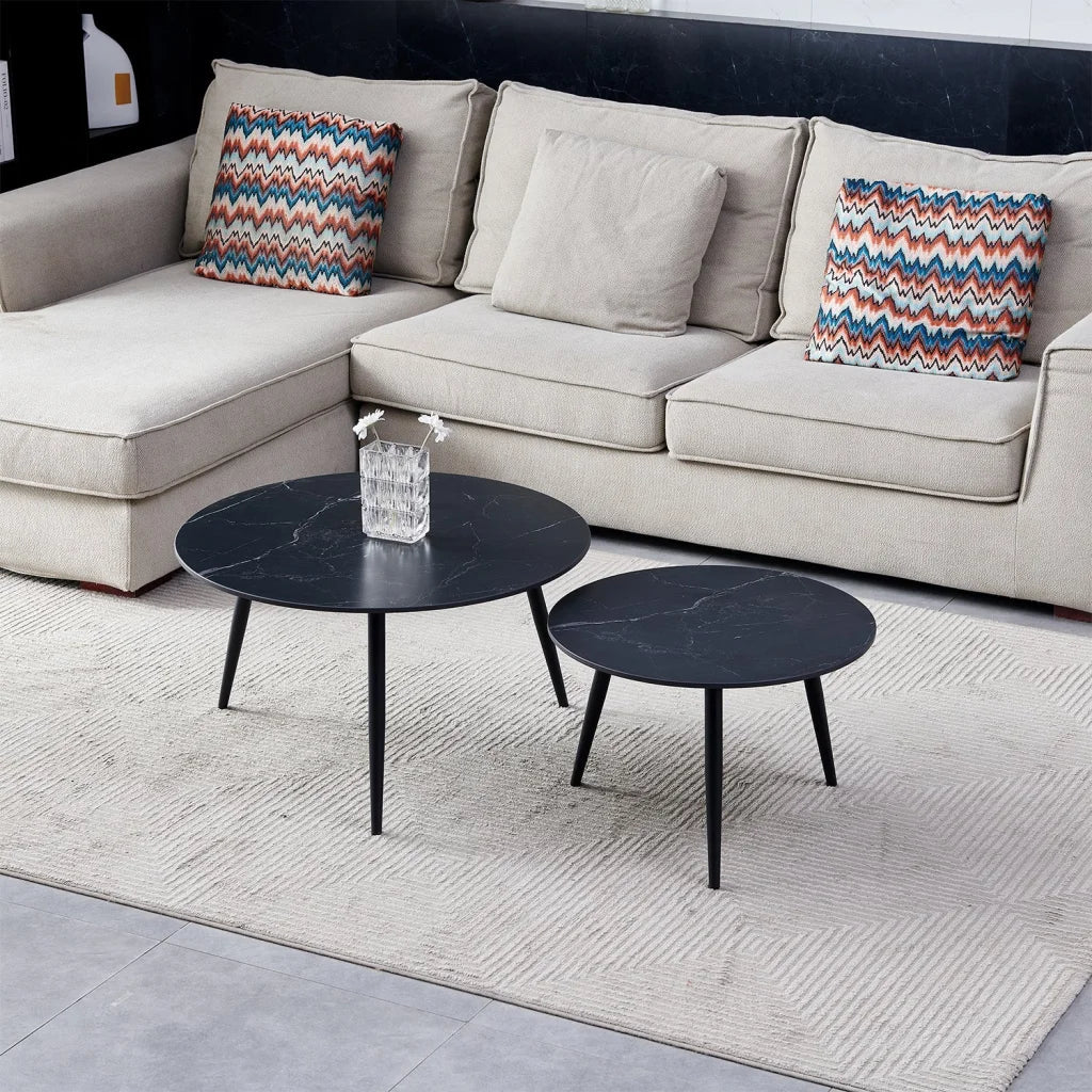 Cognac Set Of 2 Stone Top Coffee Table - Black