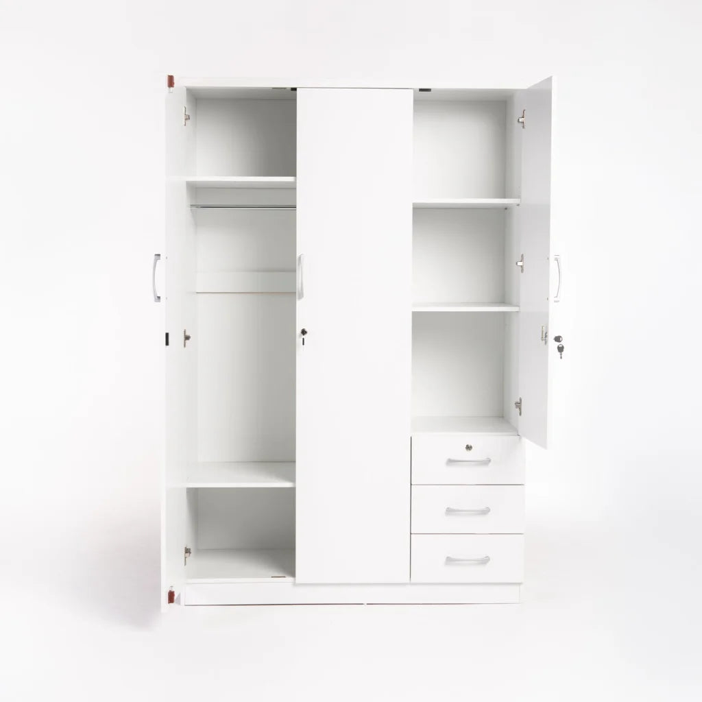 Flory 3 Door 3 Drawer Robe - White